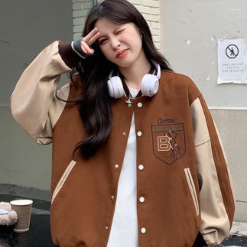 

Women's Jackets Deeptown Bomber Jacket Women Vintage 2000s Aesthetic Oversized Baseball Female Korean Streetwear Fashion Outdoor Trend Coats, Brown