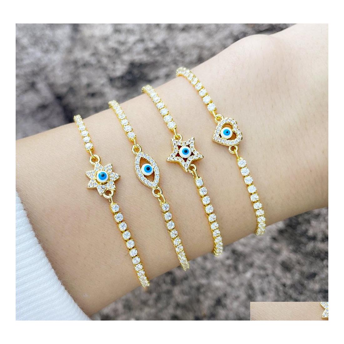 

Charm Bracelets Gold Plated Enamel Evil Eye For Women Blue Eyes Geometric Zircon Chain Adjustable Drop Delivery Jewelry Dhh0O
