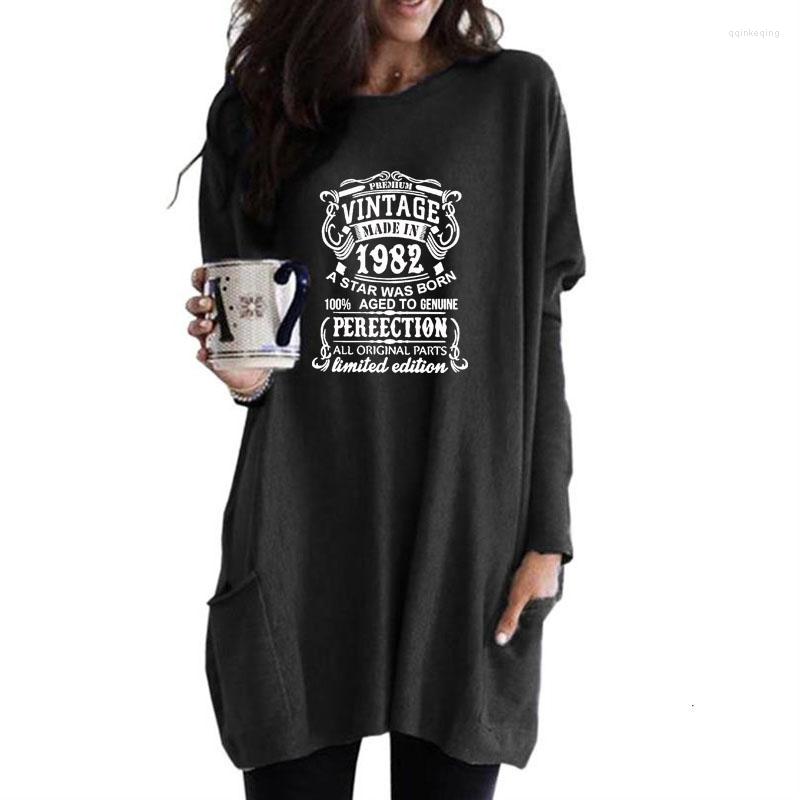

Women' Hoodies Vintage Made In 1982 Letter Print Pocket Long For Female Femmes Birthday Gift Women Spring Autumn Casual Sweatshirts, Black