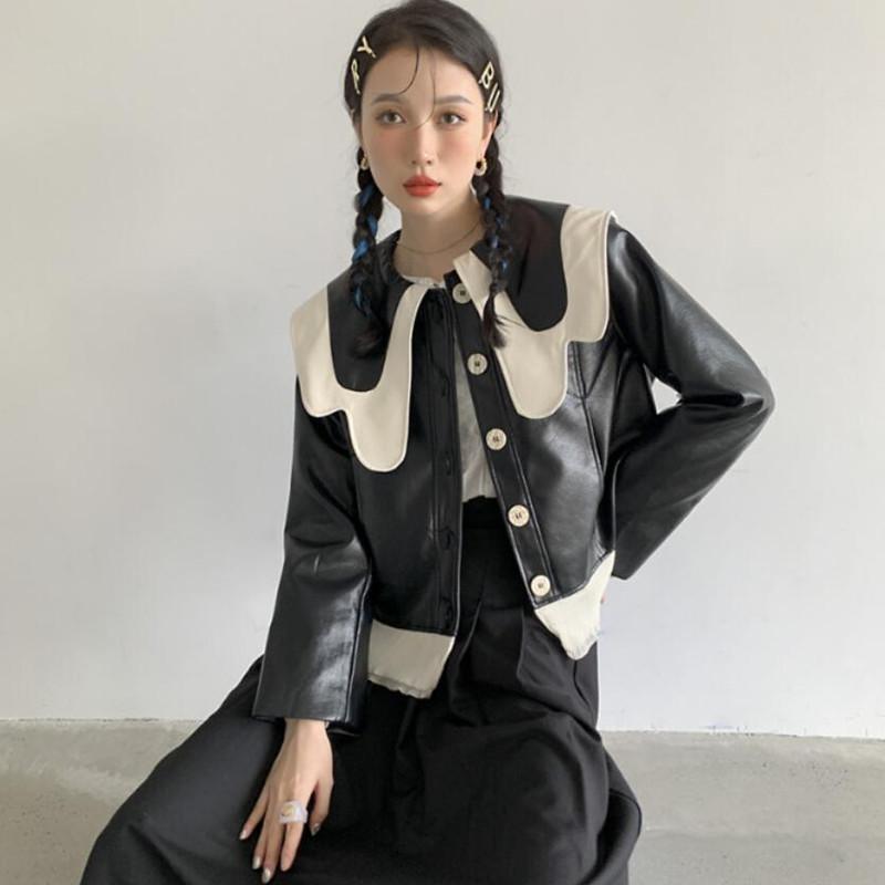 

Women' Leather & Faux Fashion Patchwork Colorblock PU Jackets For Women Turn-Down Collar Long Sleeve Single Breasted Coats Female S1589, Black