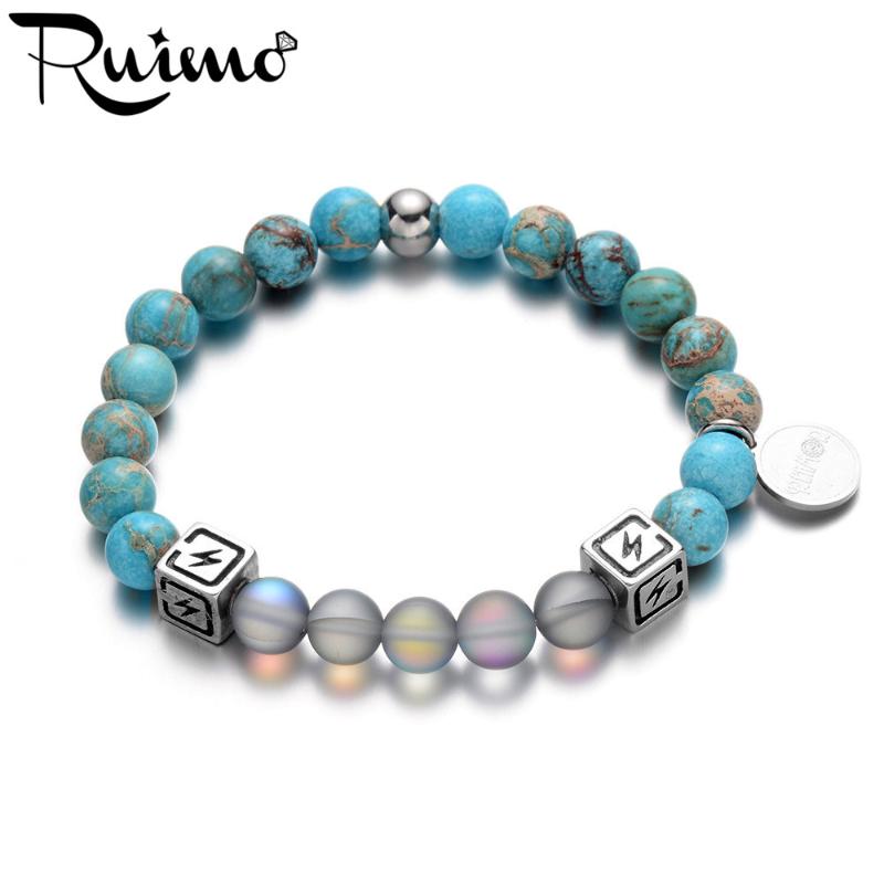 

Strand Trendy Natural Blue Decorative Pattern Stone Bracelets Stainless Steel Beads Crystal Beaded Women Bracelet Strands