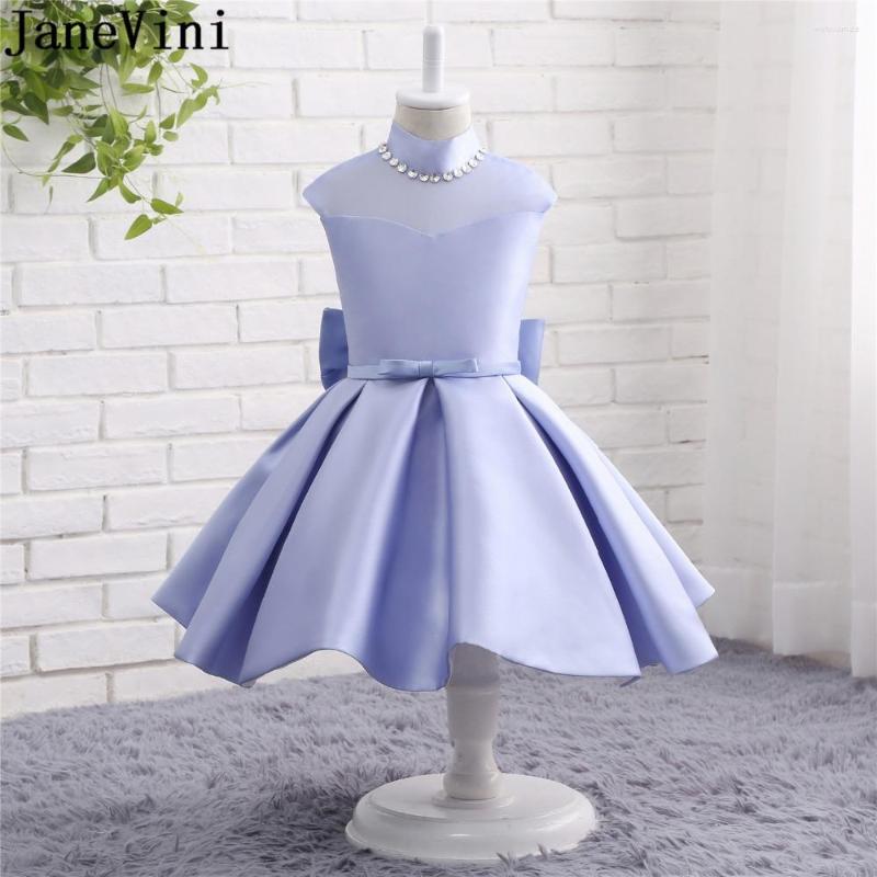 

Girl Dresses JaneVini Elegant A Line Satin Short Flower For Weddings High Neck Beaded Big Bow Back Girls Party Communion Dress, Same as picture