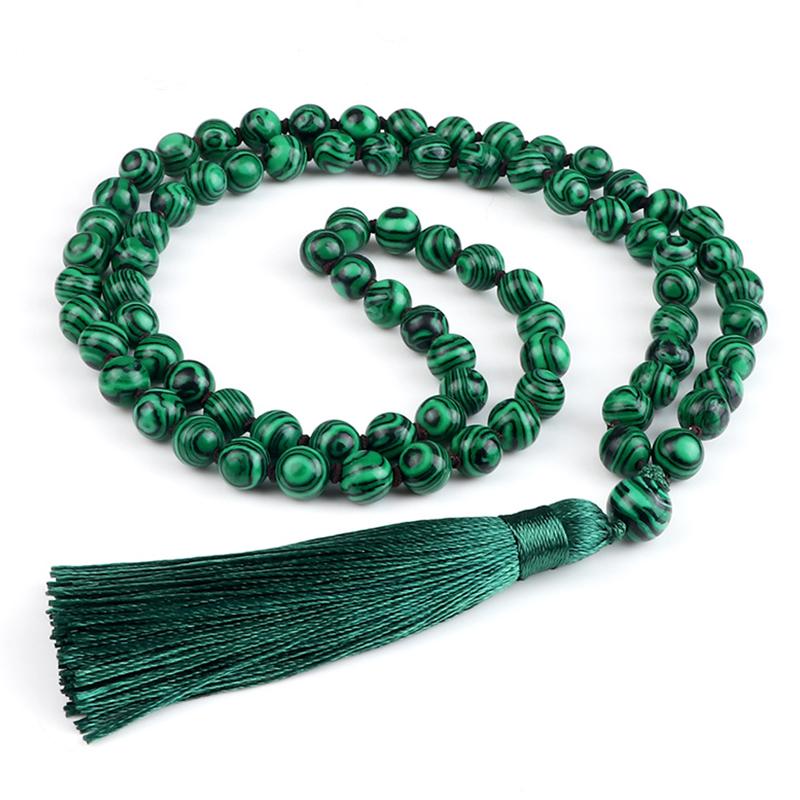 

Pendant Necklaces Natural 8mm Malachite Stone Necklace For Women Girls Yoga Japamala Mala Rosary Beads Knotted Green Tassel Men JewelryPenda