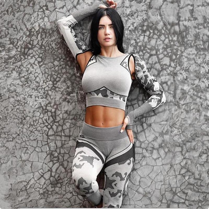 

Active Sets Women Fashion Seamless Camouflage Yoga Set Long Sleeve Tops High Waist Leggings Fitness Sport GYM Camo Suits Tight Workout Pants, Light gray