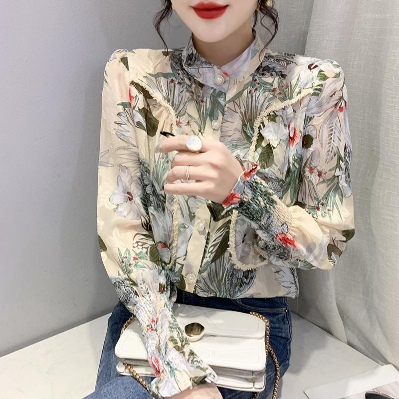 

Women's Blouses Summer Women's Blouse Long Sleeve Top Korean Fashion Chiffon Casual Patchwork Lace Printing Straight O-neck Shirt, Green