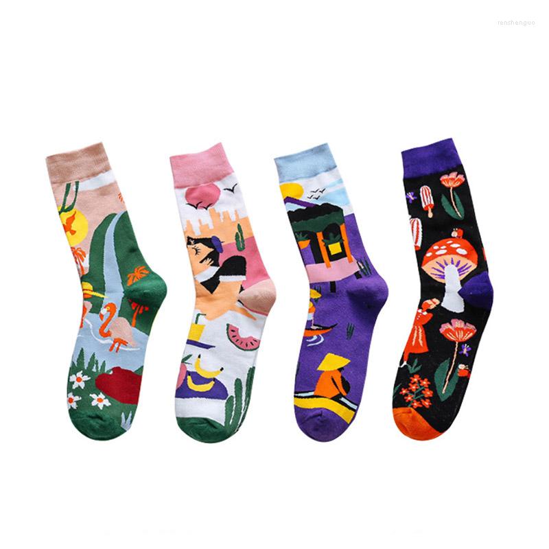 

Women Socks Q Breathable Long 1Pair Street Style Embroidery Mid Tube Cotton Colorful Print Sock For Nice Gift, Mushroom