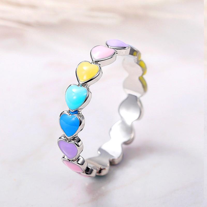 

Wedding Rings Vintage Female Rainbow Enamel Thin Ring Classic Silver Color Engagement Charm Love Heart For Women