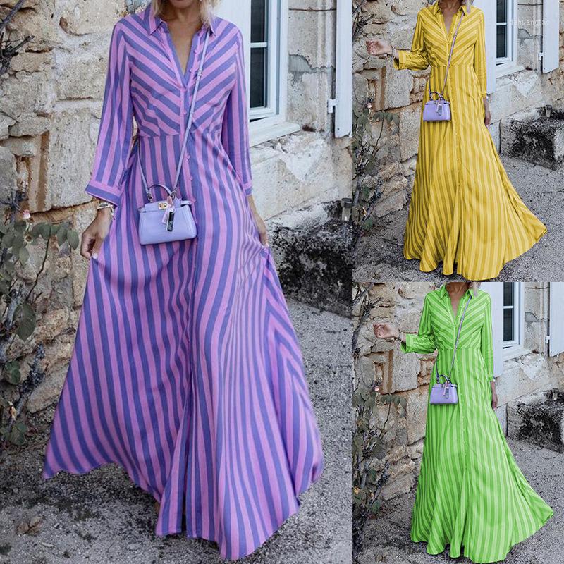 

Casual Dresses Fashion Spring Women' Temperament Stripe V-Neck Slim Long Dress Large Swing Sleeve Maxi Ankle WD199, Purple