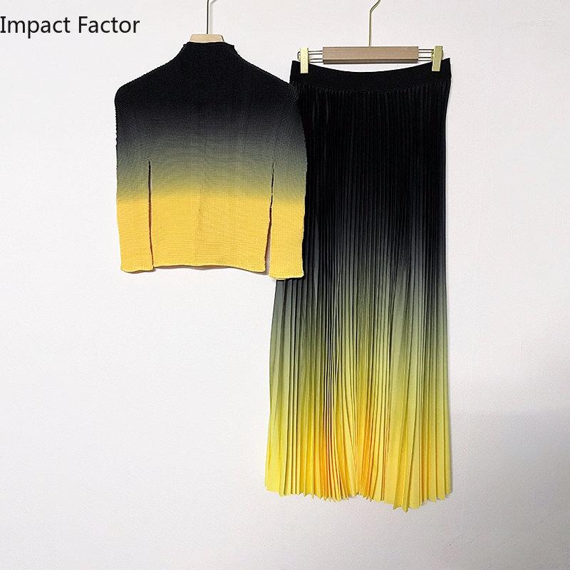 

Work Dresses Miyake Pleated Runway Flower Skirt Suit Women' Stretch Gradient Ramp Top High Waist Floral Printed Holiday Two Piece Set, Gray