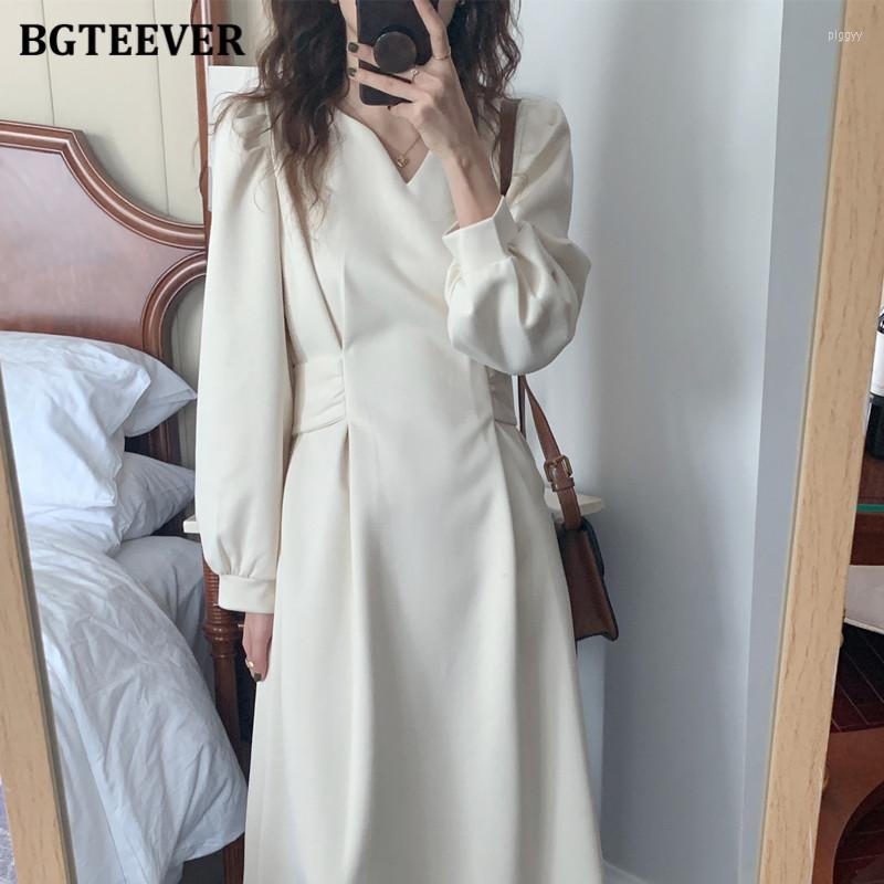 

Casual Dresses BGTEEVER Elegant V-neck Women A-line Dress Full Sleeve Belted Lace-up Female Midi Spring Autumn Ladies Vestidos, Beige