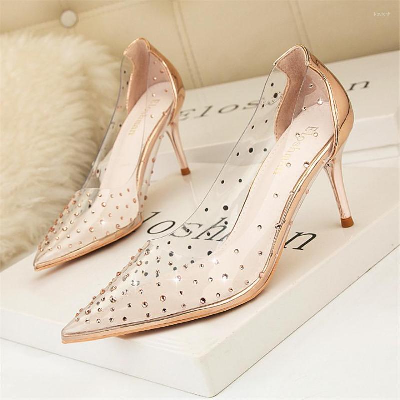 

Dress Shoes Clear Rhinestone Transparent Women 2023 Autumn Show Thin Pointed Sexy Party Prom High Heels Crystal Pumps Woman Gold, Black