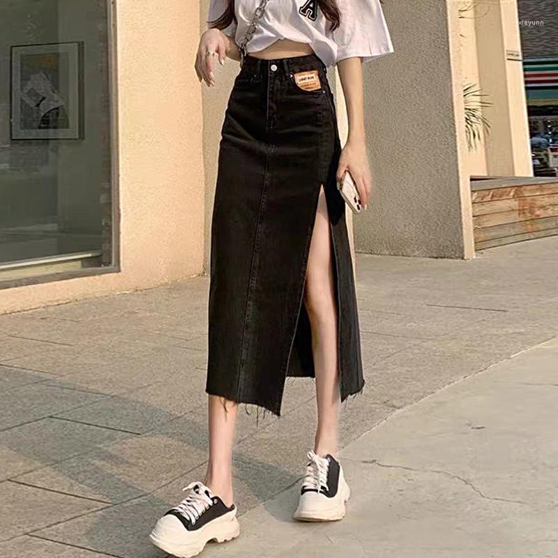 

Skirts Autumn Ladies Mid-Calf Vintage High Split Black Denim Winter Women Girls Waist Jeans Skirt With PocketsDS343