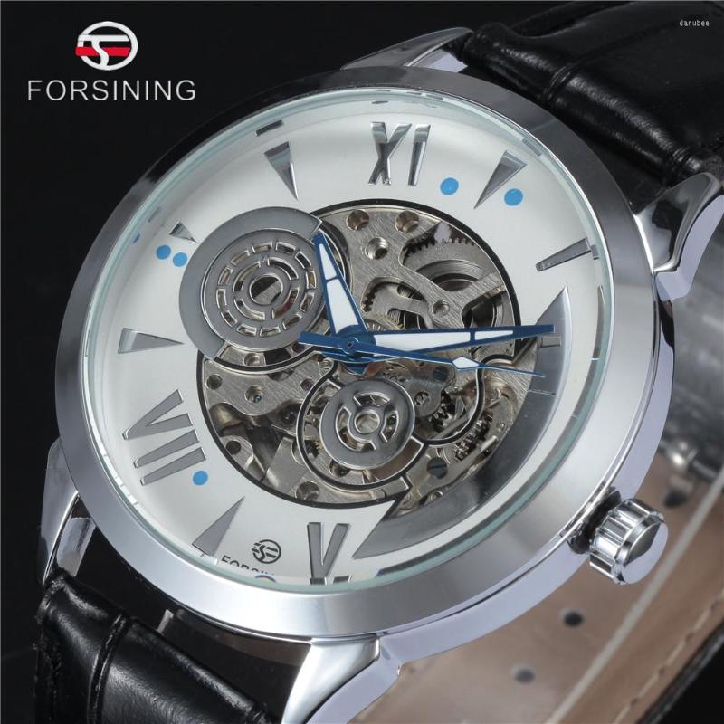 

Wristwatches FORSINING Brand 2023 Men Automatic Mechanical Wristwatch Luxury Silver Skeleton Watch Black Leather Band Male Dress Clock, White