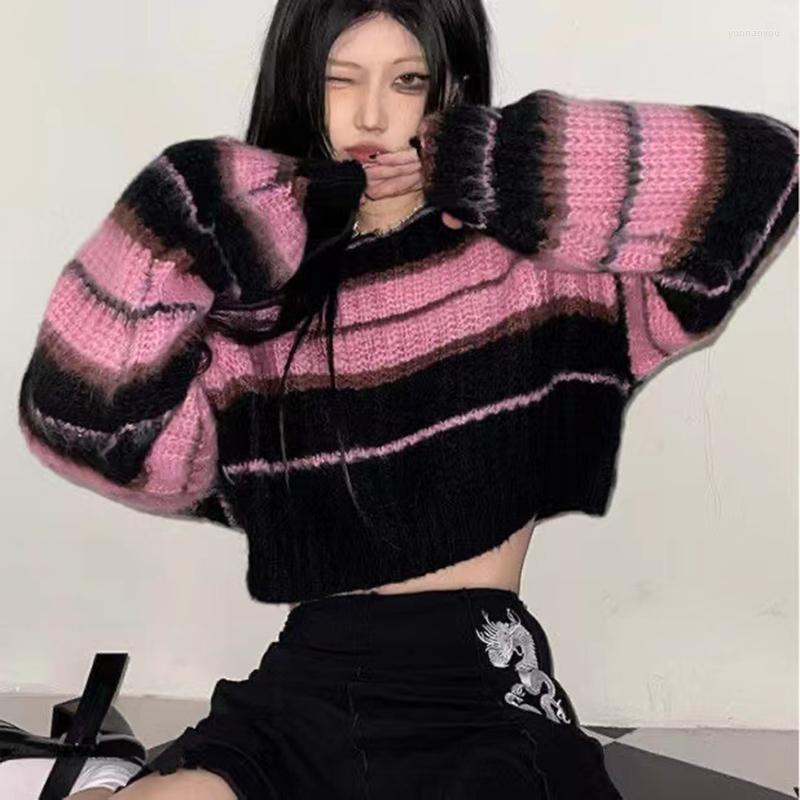 

Women' Sweaters Y2K Streetwear Pink Cropped Knitted Sweater Woman Striped Jumper Vintage Female Autumn Long Sleeve Crewneck Pullovers Tops, Black