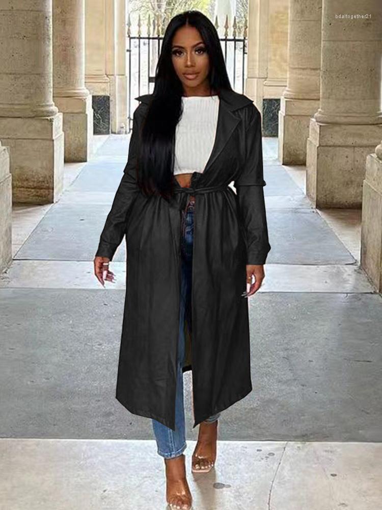 

Women' Trench Coats PU Faux Leather Vintage Turn Down Collar Long Sleeve Cardigan Streetwear Open Front Extra-long Jacket Moto Biker, Brown