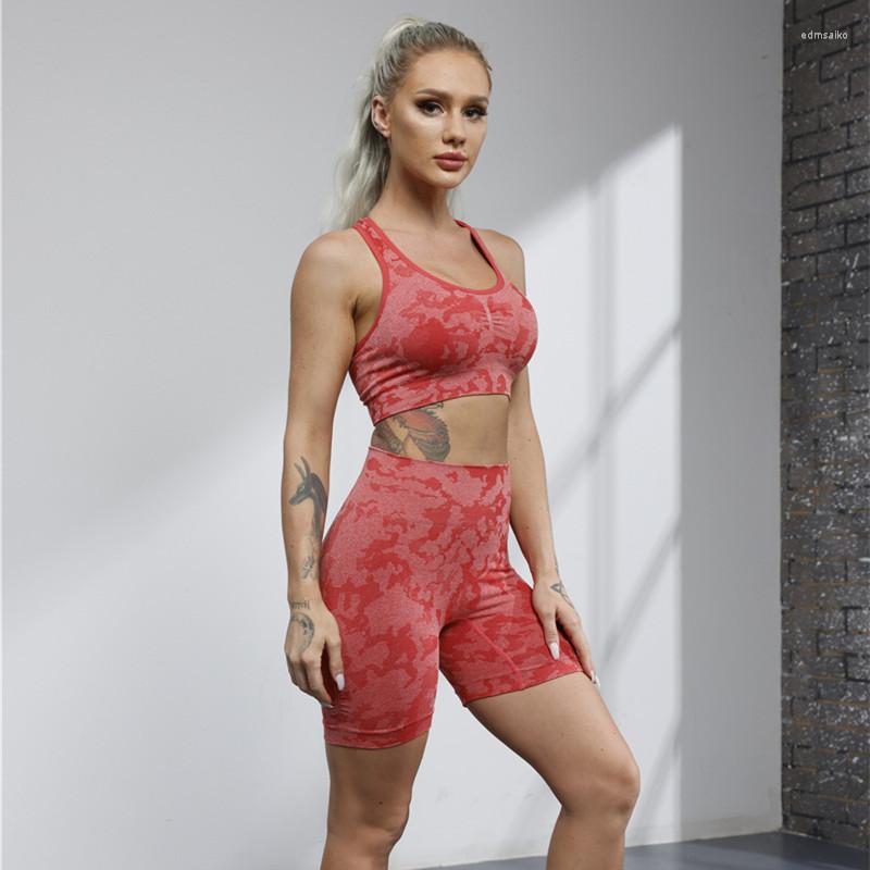 

Active Sets 2PCS Seamless Sport Set Women Bra Shorts Suit Crop Camouflage High Waist Tights Yoga Fitness Workout Gym Tracksuit, Dark green set