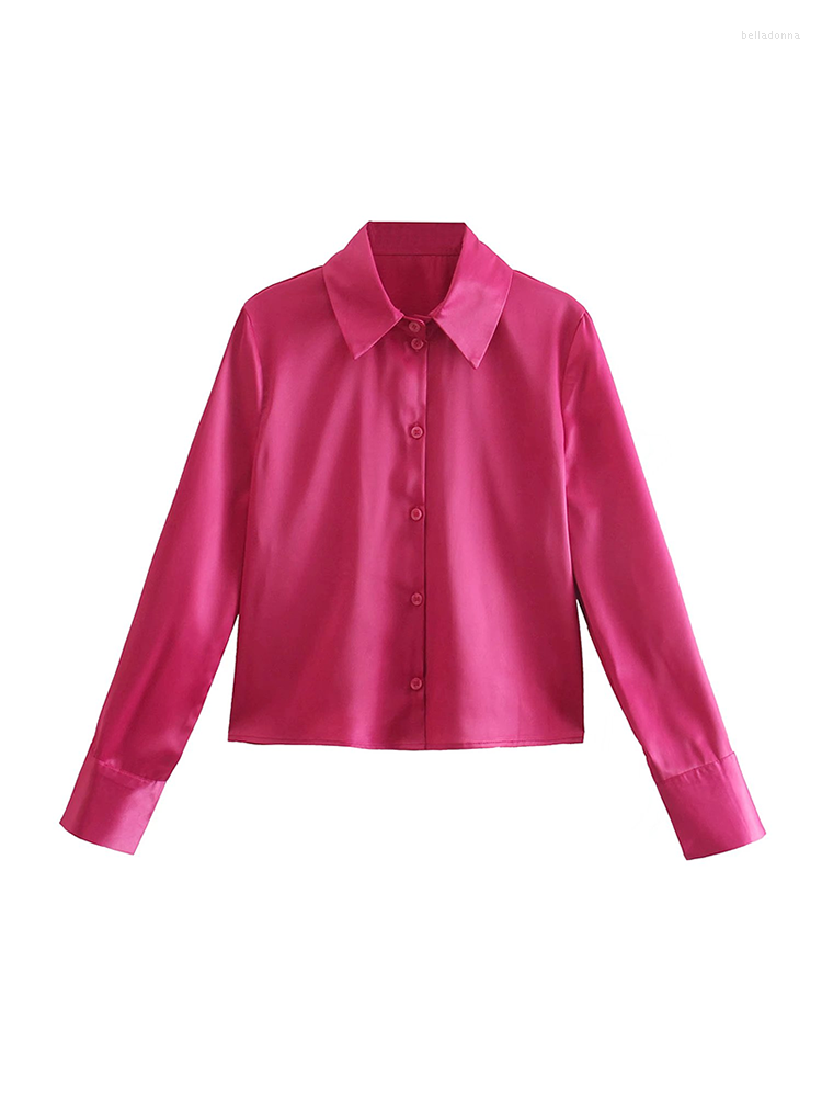 

Women's Blouses BBWM Women Cute Pink Satin Shirts Elegant Female High Street 2023 Fashion Long Sleeve Solid Sweet Shirt Loose Chic