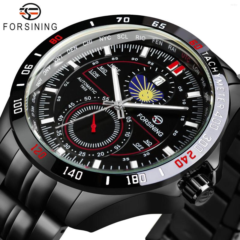 

Wristwatches Forsining Military Men Mechanical Fashion Moon Phase Sport Automatic Watch Sub-Dial Stainless Steel Band Waterproof, Gold-black