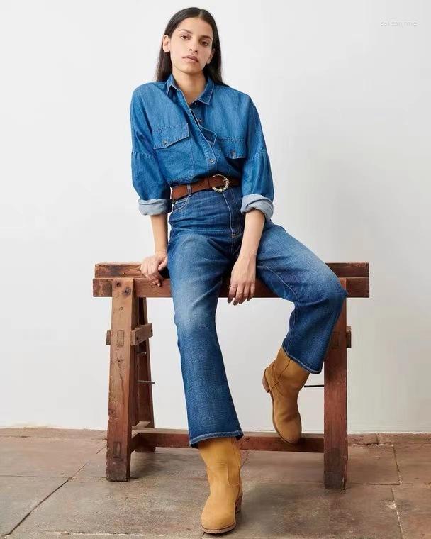 

Women' Blouses Women Shirt 2023 Cotton And Linen Blend Plain Denim Long-sleeve, Blue