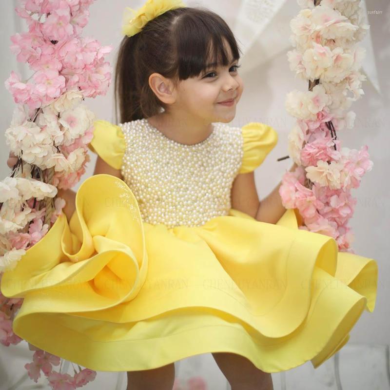 

Girl Dresses Yellow Satin Flower Girls 2023 O-Neck Beading Pearls A-Line Kids Wedding Party Dress Back Bow Puffy Princess Gowns, Black