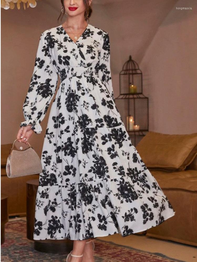 

Casual Dresses LiTi 2023 Autumn V-neck Printed Dress Cake Long Fashion Sleeve Women, Red