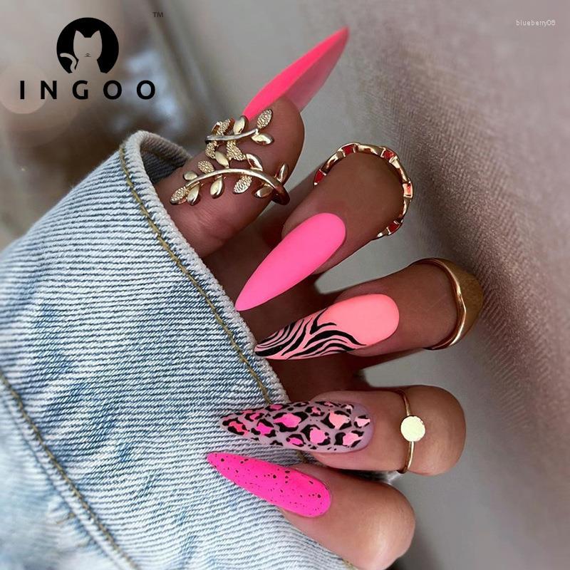 

False Nails 24Pcs Reusable Fake Almond Matte Leopard Print Press On Pink Medium Length Artificial With Glue, B1-w235