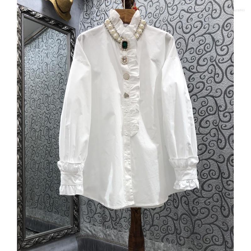 

Women' Blouses French Heavy Industry Diamond-Studded Nail Bead Ruffled Shirt Women' 2023 Spring Design Lantern Sleeves White Blouse