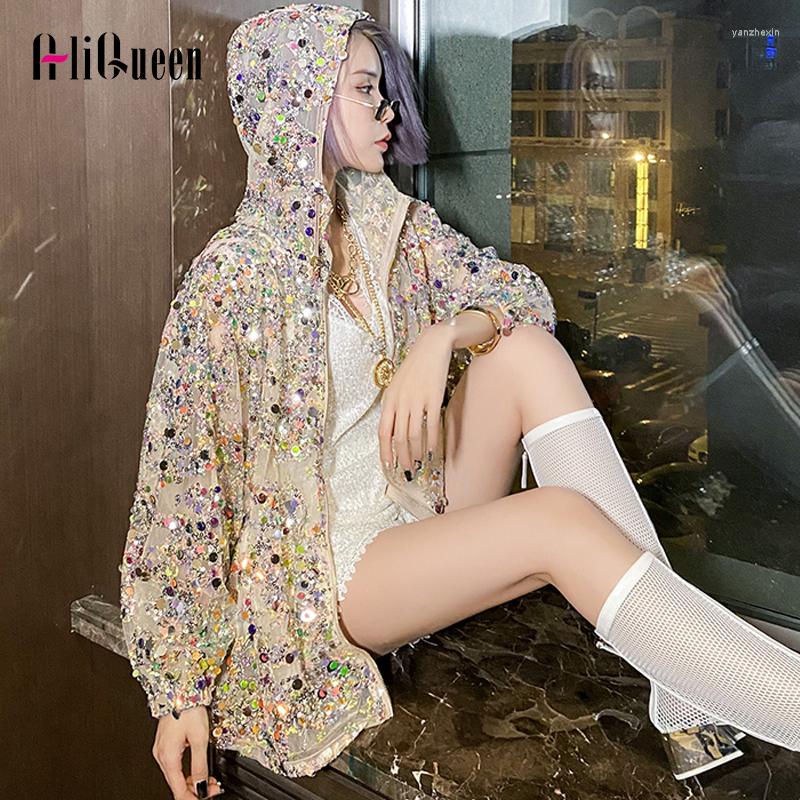 

Women's Jackets Summer Korean Coats Women Loose Casual Sequins Embroidery Hooded Jacket Lace Sun Protection Clothing Cardigan Outerwear, Champagne