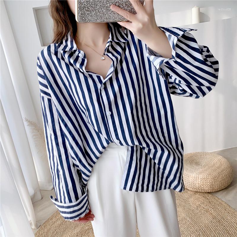

Women's Blouses Blue Plus Size Striped Shirt Women's 2023 Spring Autumn Fashion Loose Lapel Long-Sleeved Thin Top Trendy 251