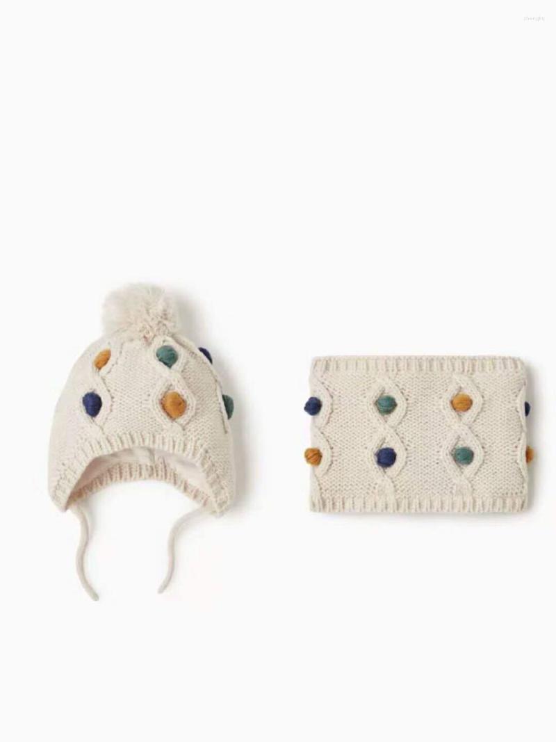 

Hair Accessories 2023 Flower Jacquard 2 Ply Knitted Hat Scarf Sets For Baby Boys Girls Children, Old white