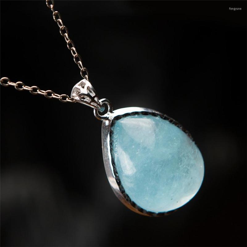 

Pendant Necklaces Genuine Natural Ocean Blue Transparent Gems Stone Women Water Drop Aqua Marine Bead Sterling Sliver 26 20 11mm