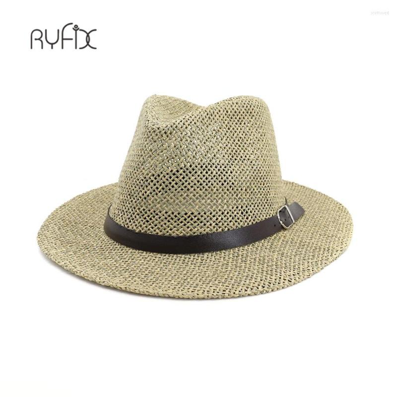 

Wide Brim Hats Straw Jazz Cap Casual Panama Sun For Women Summer Beach Hat Male Fedora Visor Caps Belt Decorated Ha HA223, Khaki