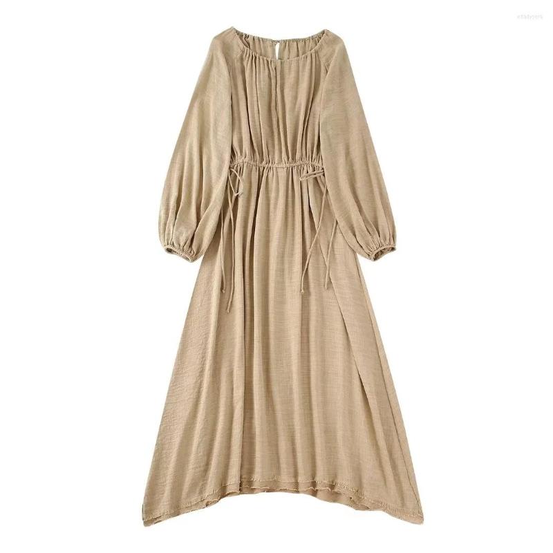 

Casual Dresses Camel Midi For Women 2023 Summer Autumn Elegant Loose Long Puff Sleeves V Neck Fashion Wide Neckline Classic Chic, Champagne