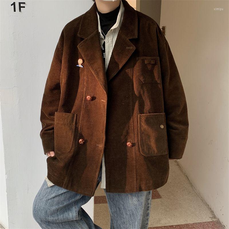 

Men' Jackets Gmiixder Dark Brown Blazer Jacket Men' Spring Autumn Handsome Multi-pocket Top American Vintage Corduroy Workwear Button
