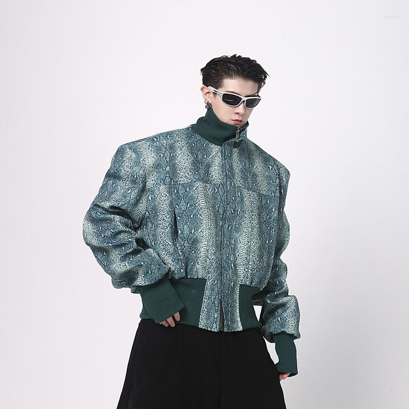 

Men's Jackets High Class Short Coat Men'S Jacket Snake Pattern Stand Collar Shoulder Pad Autumn Vintage Ruffian Handsome Chaquetas, Green