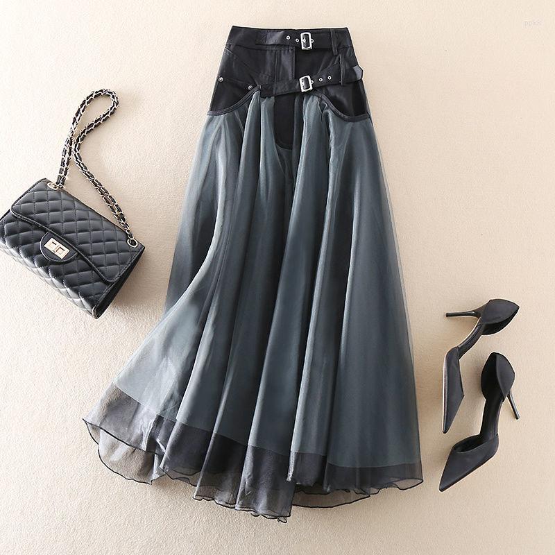 

Skirts Women Casual Skirt Autumn And Winter Fashion Versatile Patchwork Mesh High Waist Fairy Mid Length Female Tops, Black