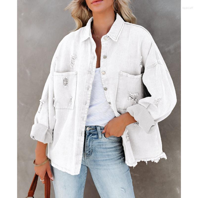 

Women' Jackets 2023 Spring Women Denim Jacket Ripped Turn Down Collar Long Sleeve Tops With Pockets Single Breasted Tassels Coat Loose