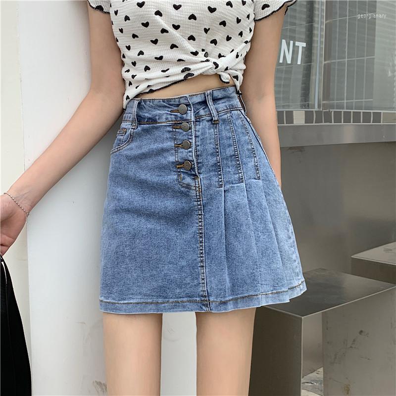 

Skirts Summer Style Korean Students Irregular A-line High Waist Pleated Denim Skirt Women, Black