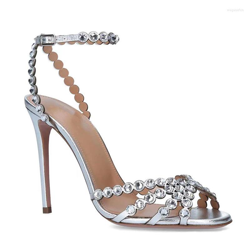 

Dress Shoes Summer Round Head Fish Mouth Rhinestone Fashion Show Sandals Hollow Cross Strap Large Party Versatile Women's, Gold