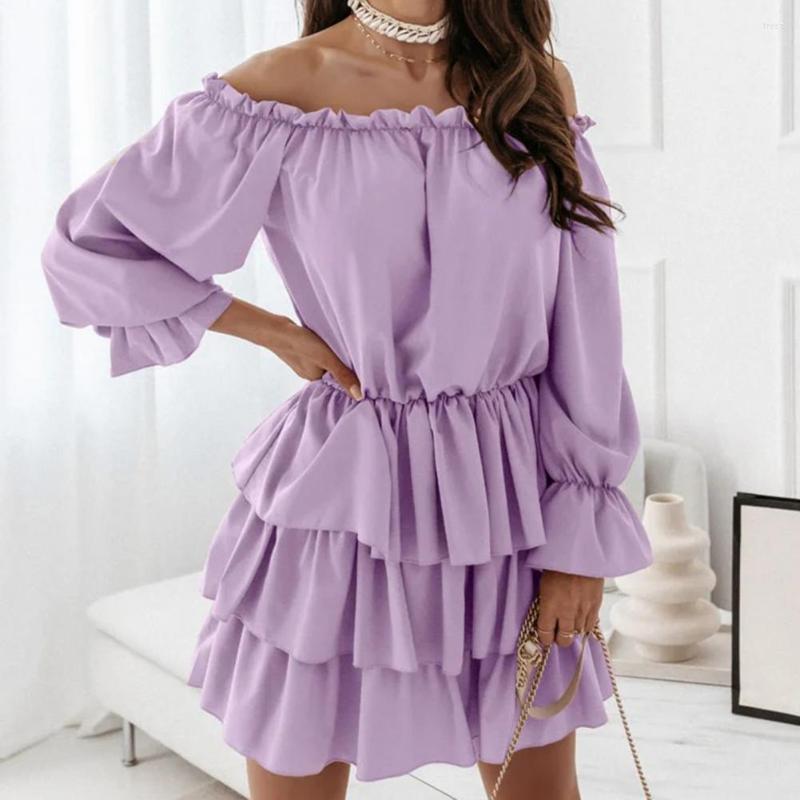 

Casual Dresses Slash Neck Solid Color Mini Dress Women Long Sleeve Ruffle Hem Tunic Cake Streetwear, Pink