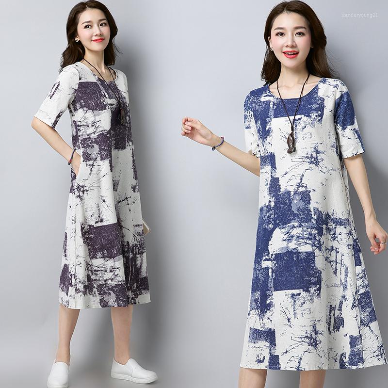 

Party Dresses Summer Dress Women 2023 Cotton Linen Graffiti Short Sleeve O-Neck Casual Loose Slim Vintage Holiday Beach, Blue