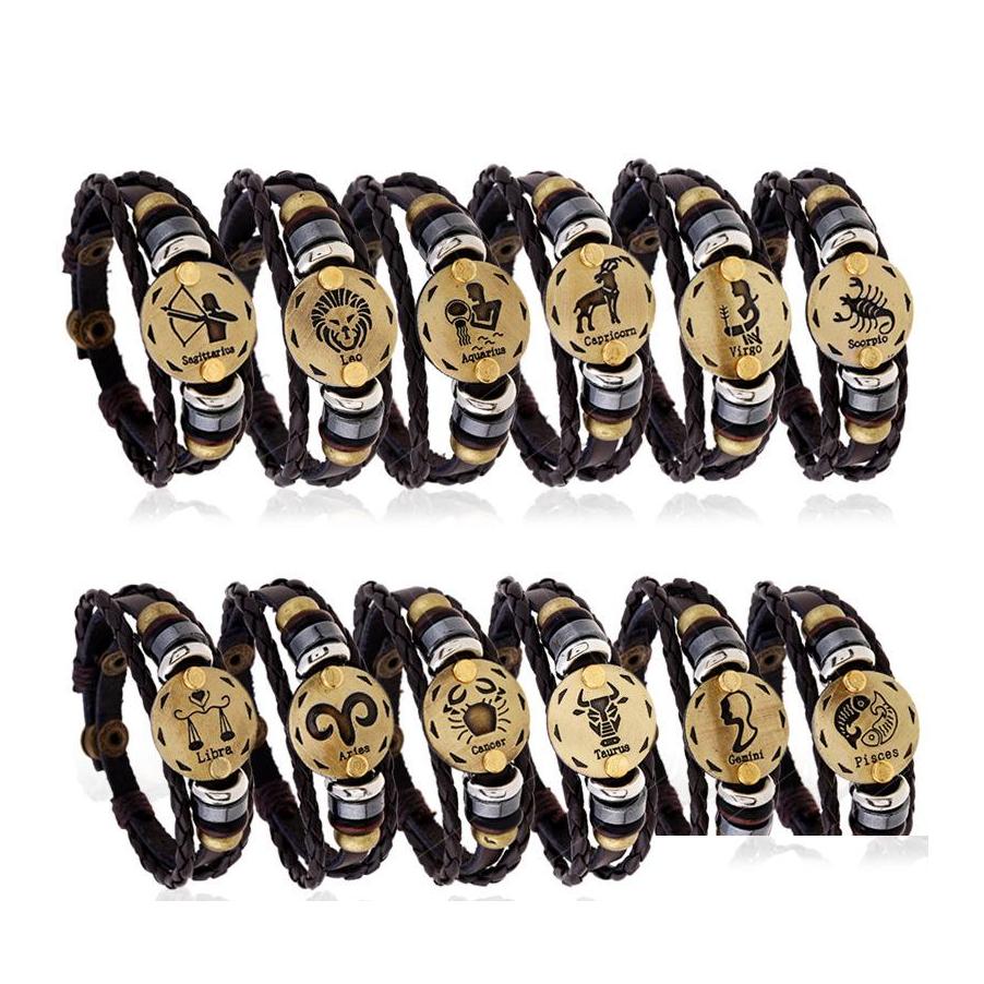 

Charm Bracelets 12 Constellations Genuine Leather Men S Zodiac Vintage Braided Rope Wrap Adjustable Bangle For Women Punk Diy Jewelr Otc4M