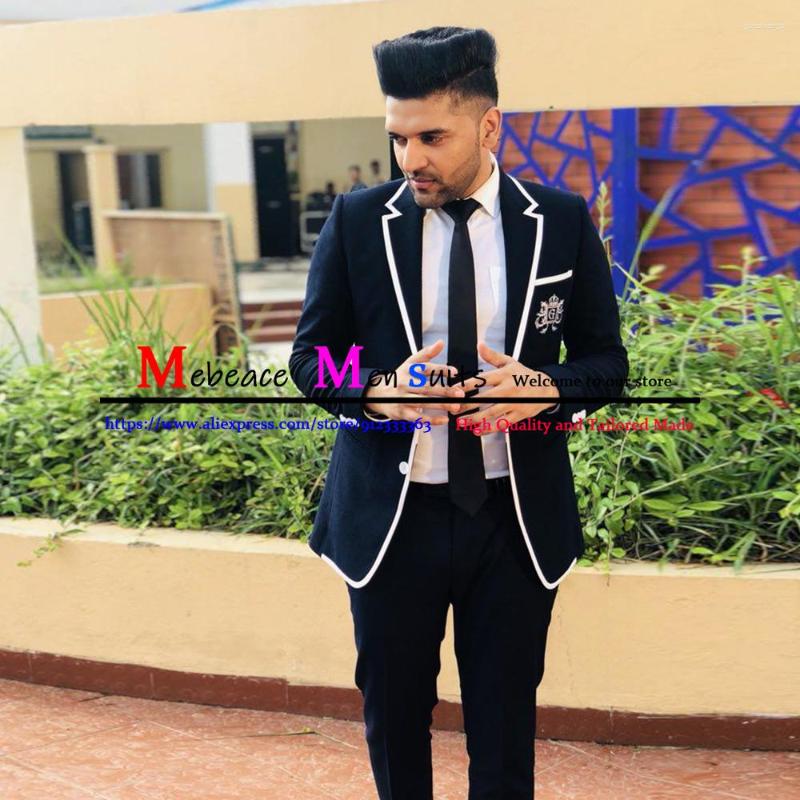 

Men's Suits 2023 Latest Designs Fashion Notch Lapel White Trim Prom Men Suit Slim Fit Wedding Tuxedo Custom Dark Blue Sets(Jacket Pants, Khaki