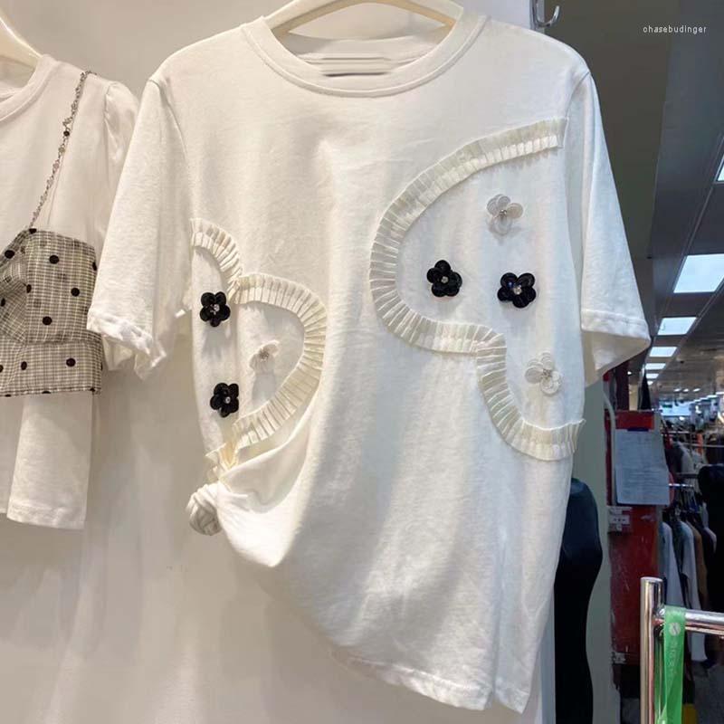 

Women' T Shirts Casual Three-Dimensional Flowers Decoration Short Sleeve T-shirt Female 2023 Summer Fashion Tops Floral Shirt Ladies, Black