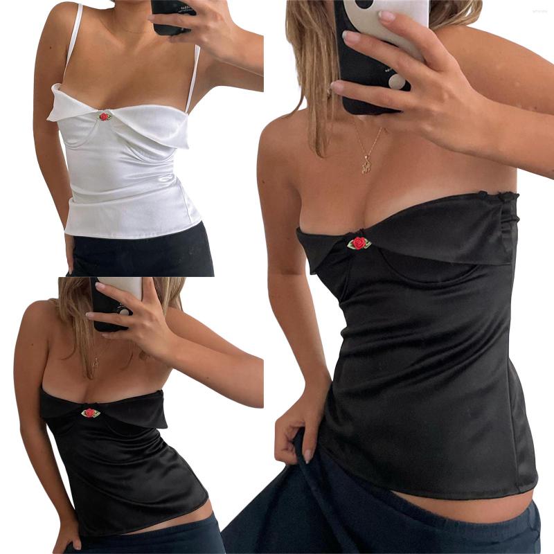 

Women' Tanks Women Sexy Satin Sling Crop Tops Summer Casual Floral Pattern Backless Sleeveless Camisole For Streetwear Clubwear, Black