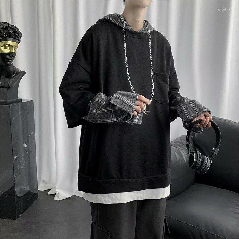 

Men's Hoodies 2023 Autumn And Winter Youth Port Style Stitching Fake Two-piece Hooded Sweatshirt Fashion Casual Top, Black