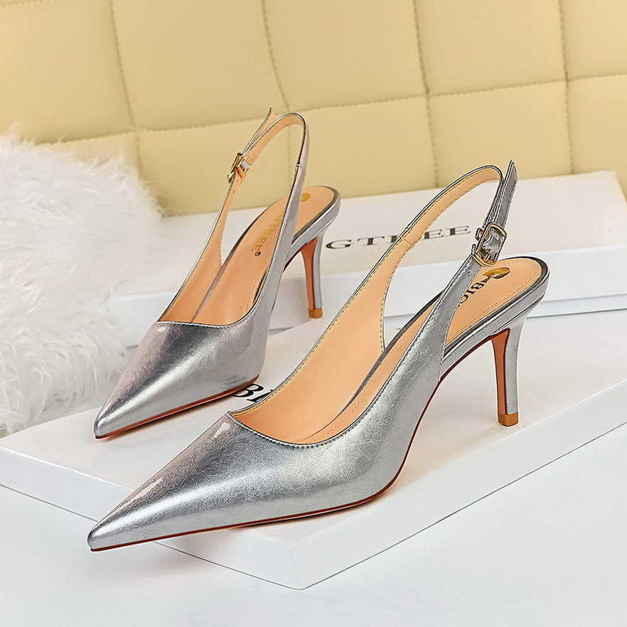 

Dress Shoes 2021 Summer Women White 7cm Thin High Heels Slingback Sandals Office Lady Blue Gold Silver Heels Sandals Big Size Wedding Shoes G230203, Pink 7cm