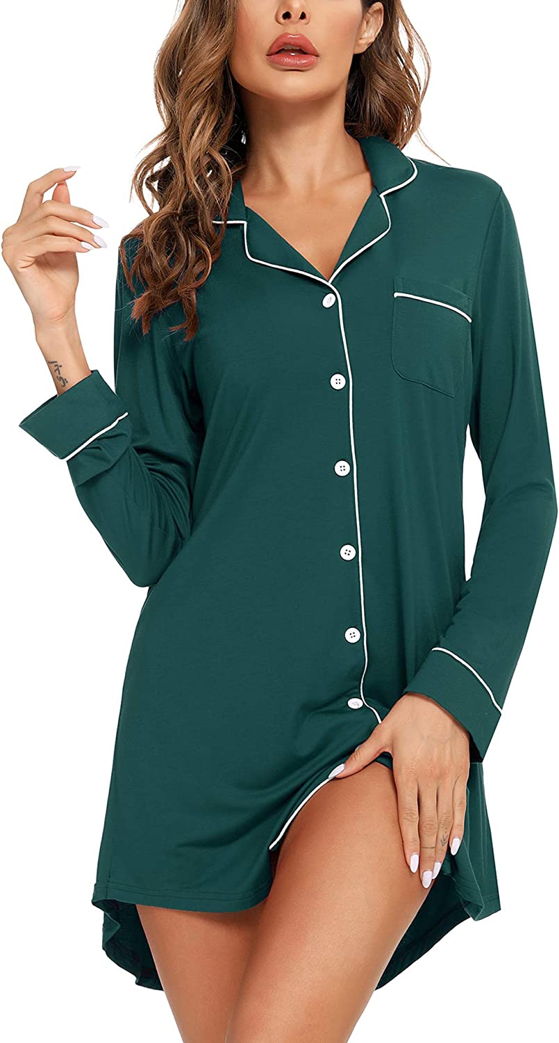 

Samring Nightgown for Women Sleep Shirt Short Long Sleeve Sleepwear Boyfriend Nightshirt Button Down Pajama Dress S-XXL, Blue