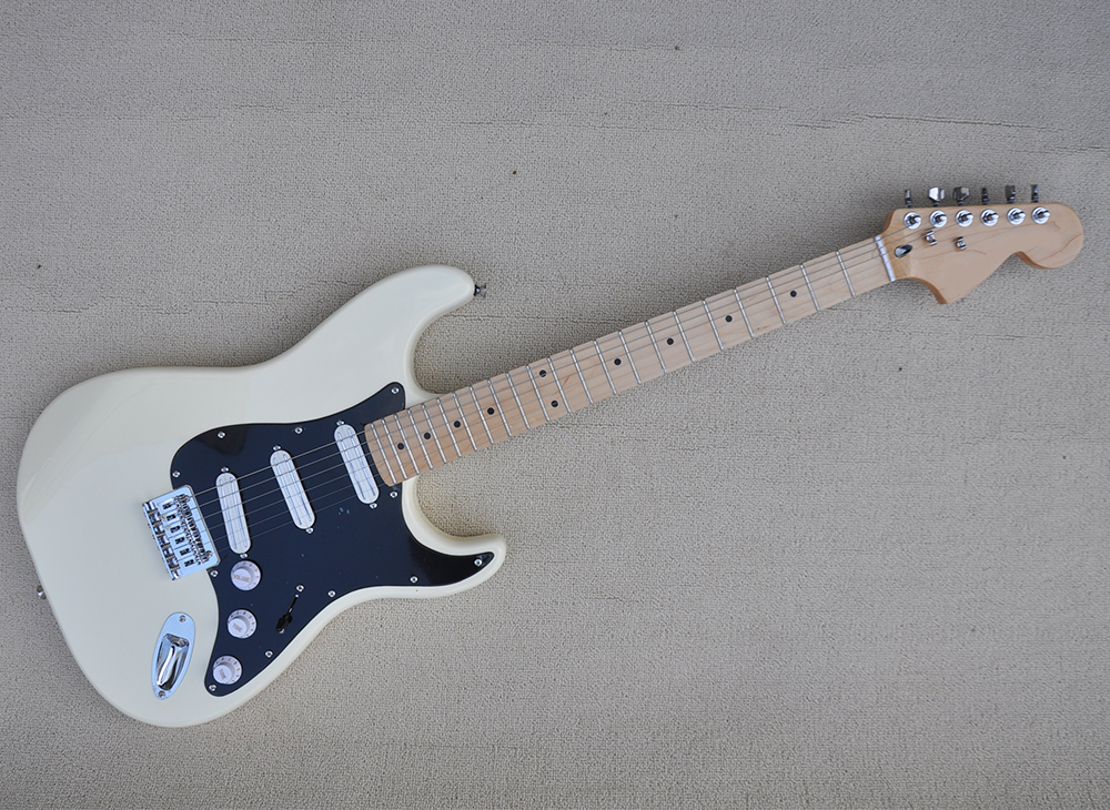 

6 Strings Cream Electric Guitar with Maple Fretboard SSS Pickups Black Pickguard Can be customized