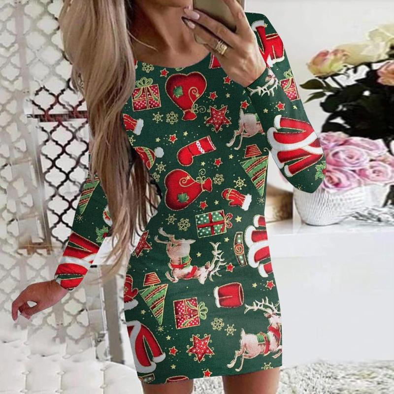 

Casual Dresses Ladies Fashion Christmas Dress Sexy Elegant Autumn Winter Year Long Sleeve Xmas Cartoon Print Party Streetwear, F-5